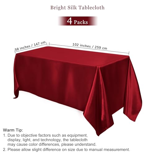 Image of TURSTIN 4 Pack Burgundy Satin Tablecloth 102 x 58 Inch Overlay Table Cover