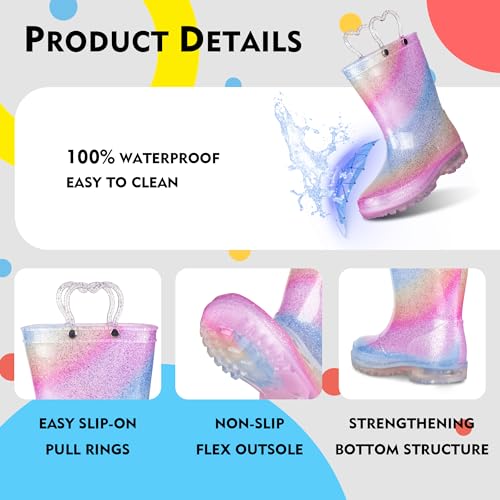 GAWBAW Toddler Rain Boots Kids With Glitter Light up Rain Boots With Easy-on Handles Waterproof For Boys and Girls2