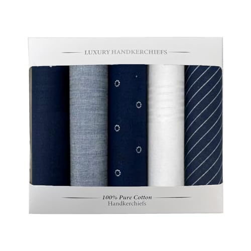 Image of 5 Pack Handkerchief Mens Cotton Luxury Hot Silver Gift Box Set, Vintage 40x40cm Fancy Design Pocket Square Hankie Gift Pack