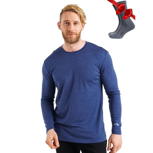 100% Merino Unterwäsche Herren - Merino Langarmshirt Herren Atmungsaktiv Und Feuchtigkeitsableitend + Wollsocken (165 Indigo Night, Large)