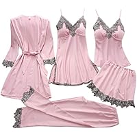 Pijama para mujer, traje de cinco piezas, encaje, sexy, cuello