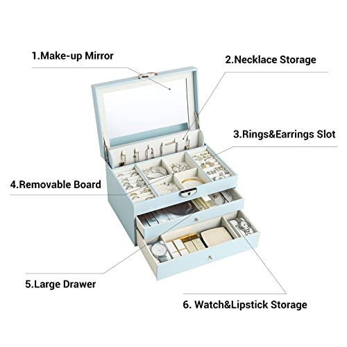 Casegrace Jewelry Box Organizer, 3-Layer Jewelry Organizer 2 Drawers Jewelry Storage, Large Capacity Mirror Lockable Jewelry Organizer For Earrings Necklace Bracelet Rings, Sky Blue #TOP2