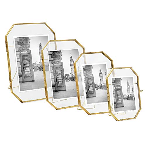 Isaac Jacobs 3.5X5 Vintage Style Octagon Brass & Glass, Metal Floating Picture Frame With Locket Closure (Vertical), Tabletop Display, (Fits Up To A Cutout 3.5” X 5” - See Image) #TOP6