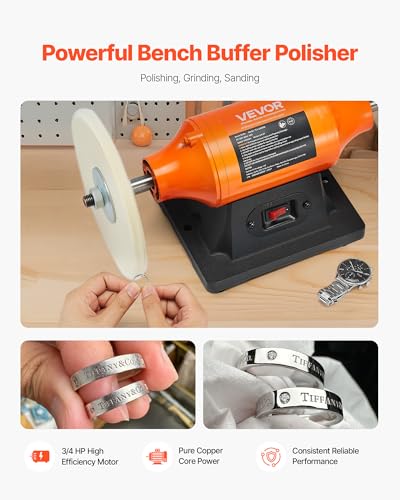 VEVOR 3/4HP Bench Buffer Polisher, 8-inch Bench Polishing Buffing Machine, 3450RPM Single Speed Benchtop Polisher with 2PCS Cloth Wheels & Cast Iron Base for Metal, Jewelry, Wood Polishing - Thumbnail 2