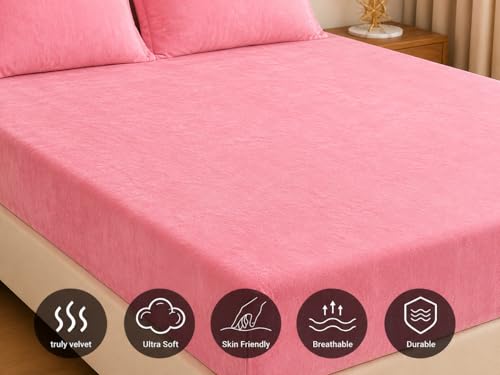 Image of Warm Flannel (Flano) King Size 345 TC Winter Fitted Bedsheet | All Side Elastic Premium Winter Soft Velvet Furnishing Bed Sheet with 2 Big Pillow Cover Size - 72 x 78 X 8 Inches Solid Pink