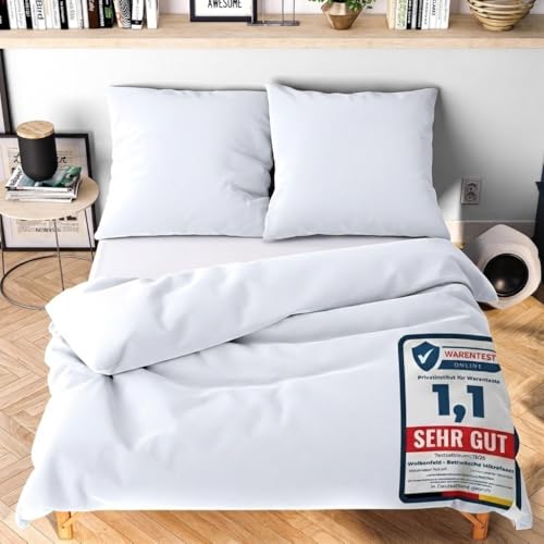 Wolkenfeld Bettwäsche 135x200 cm – Weiß - kuschlig weich & bügelfrei – ÖKO-TEX Zertifiziert – Mikrofaser Bettwäsche-Sets 1x Bettbezug 135 x...