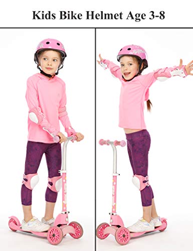 Lamsion Kids Helmet Adjustable Toddler Bike Helmet for Kids Ages 3-8 Years, Boys Girls Helmet with Protective Gear Knee Elbow Wrist Pads for Bicycle Skating Skateboard - CPSC Certified (Pink - Flower)