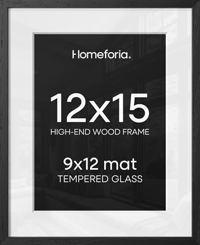 Image of Homeforia 12x15 Black Wood Picture Frame, High End Oak 12x15 Poster Frames with Mat 9x12 Print, 12 x 15 Black Wooden Frame Matted to 9 by 12 Photo, 15x12 Thin Frame, Tempered Glass, Wall Kit, Set of 1