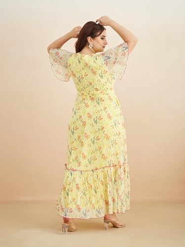 Image of Miss Chase A+ Women's Bohemian V-Neck Flutter Sleeve Chiffon Relaxed Fit Wrap Maxi Dress