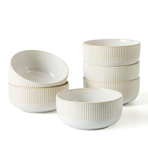 Frewinky Ceramic Cereal Bowls 25 OZ,Soup-Bowls Set of 6,Stoneware Bowls for French Onion,Ice Cream,Dessert,Snacks,Salad, Noodle - 5.5 Inch,Microwave, Dishwasher & Oven Safe,Lvory White
