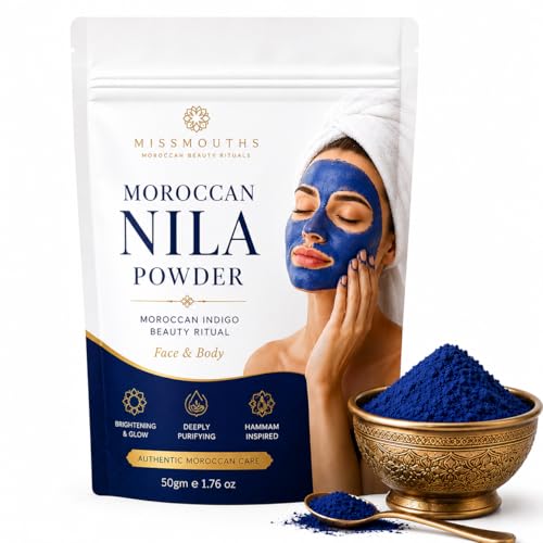 Image of Moroccan Nila Powder - Indigo Blue Face Pack for Skin Brightening, Tan Removal & Detox | Traditional Moroccan Hammam Beauty Treatment for Face & Body Care | 50g (50G - PACK OF 1)