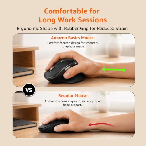 Image of Amazon Basics Ergonomic Wireless Mouse, Bluetooth + 2.4 GHz, Silent Clicks, Side Scroll Wheel, 5 Adjustable DPI Settings up to 4800, Connects up to 3 Devices, Rechargeable, For PC, Mac, Laptop (Black)