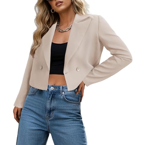 Ahlaray Cropped Blazers for Women Apricot Short Blazer, Elegant Double-Breasted Jacket for Office Casual Outfits