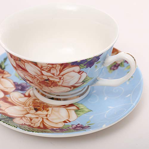 ufengke 7oz Flora Coffee Cup Set,Porcelain Cappuccino Cups with Saucers and Spoon,Set of 6 Ceramic Tea Cup and Saucer Set-Light Blue