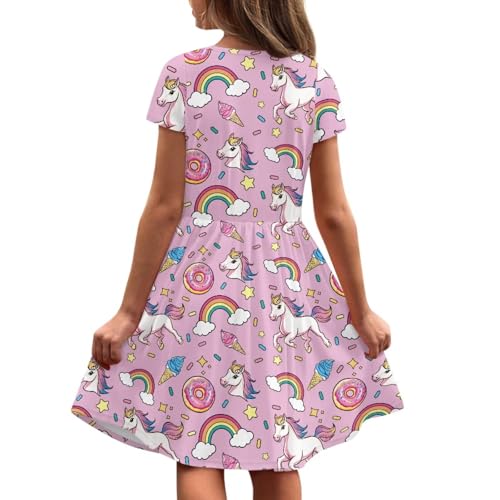 Image of Girls Dress with Pockets Basic Short Sleeve High Waist Swing Skater Dress School Party Dress for Kids