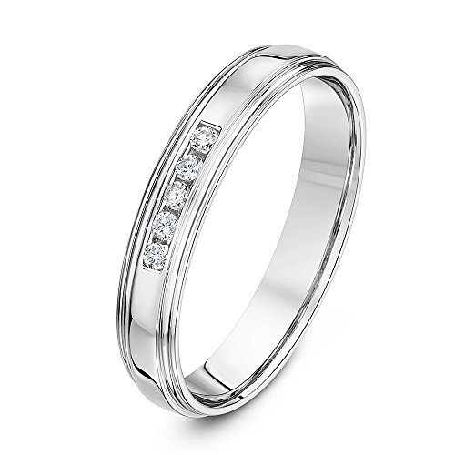 Theia Anillo de Boda en Oro Blanco de 9k de 4 mm, Forma de Corte con Montura en Canal de Diamante Redondo de 0,1 ct - Tamaño 8.5