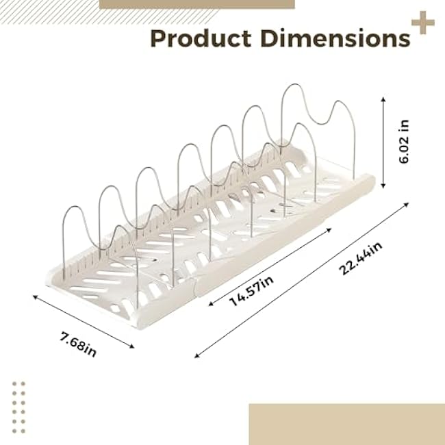 Expandable Organizer Rack For Cooking Pots And Lids, Adjustable Kitchen Storage With 7 Divider Set, Stainless Steel And White Hips, Fits Kitchen Cabinets