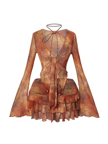 GORGLITTER Women's Boho 2 Piece Outfits Western Vacation Y2K Tie Front Bell Sleeve Mesh Top Ruffle Mini Skirts Set Rust Brown Large