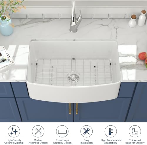 Lordear 30 White Farm Sink 30x19 inch Farmhouse Sink White Fireclay Ceramic Porcelain Curved Apron Front Single Bowl Farm Kitchen Sinks Basin