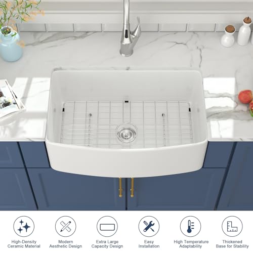 Lordear 30 White Farm Sink 30x19 inch Farmhouse Sink White Fireclay Ceramic Porcelain Curved Apron Front Single Bowl Farm Kitchen Sinks Basin