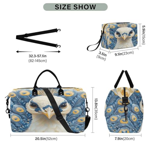 White Peacock Blue Feather Travel Duffle Bag Gym Bag Weekender Bags with Toiletry Bag Travel Trip Tote Bag3