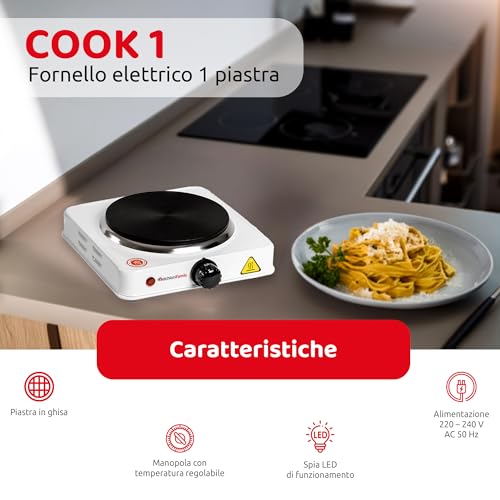Melchioni Family | Fornello Elettrico COOK1, Piastra Elettrica in Ghisa da 15,5cm, con Termostato Regolabile, Spia LED, Controllo della Temperatura, 1000W, Compatto e Leggero, Perfetto per Campeggio - Immagine 1