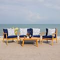 SAFAVIEH Outdoor Collection Deacon Acacia Wood Cushion 4-Piece Conversation Patio Set with Accent Pillows PAT7050E, Navy/Natural