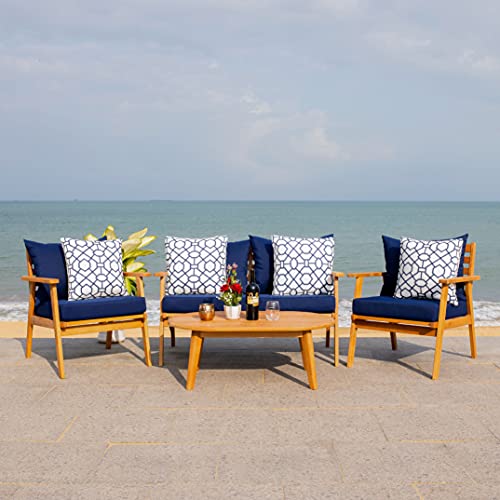 SAFAVIEH Outdoor Collection Deacon Natural Acacia Wood/Navy Cushion 4-Piece Conversation Patio Set with Accent Pillows