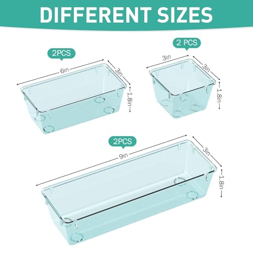 Image of WOWBOX 6 Pack Clear Drawer Organizer Set, Acrylic Drawer Storage Trays, Storage Bins for Makeup, Cosmetics, Jewelries, Utensils, Gadgets, Office, Sea Blue