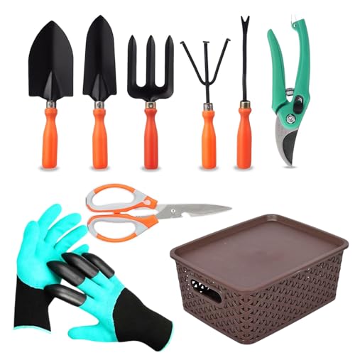 Image of Go Hooked 9 Pcs Gardening Tools Kit Graden Gloves, Pruner Cutter, Cultivator, Fork, Transplanter, Trowel, Weeder, Graden Scissor, Storage Box Garden Tools Set for Indoor Outdoor Plants, Balcony