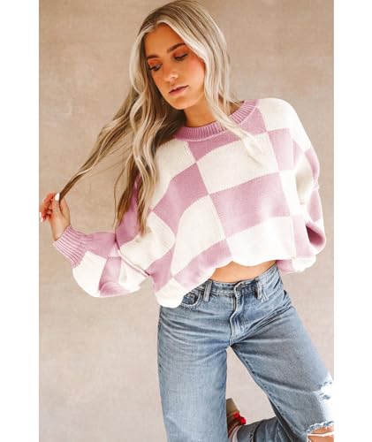 Image of Women's Casual Crew-Neck Long Sleeve Sweater Checkered Pullover Knit Sweaters Jumper Top