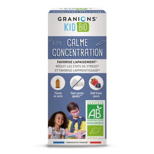 GRANIONS KID BIO CALME CONCENTRATION - Certifié - Triple action : APAISE + RÉDUIT LE STRESS + FAVORISE L'APPRENTISSAGE - Mélisse + Coquelicot - Goût fraise cassis - 125 ml - Marque française Cover