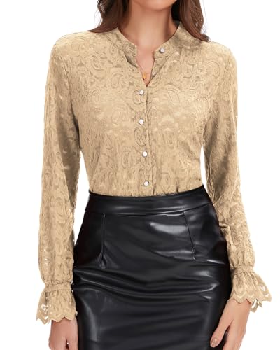 WOWENY Blusa de encaje para mujer, manga larga, elegante, cuello alto, blusa de encaje, camiseta informal, Beige (caqui), M