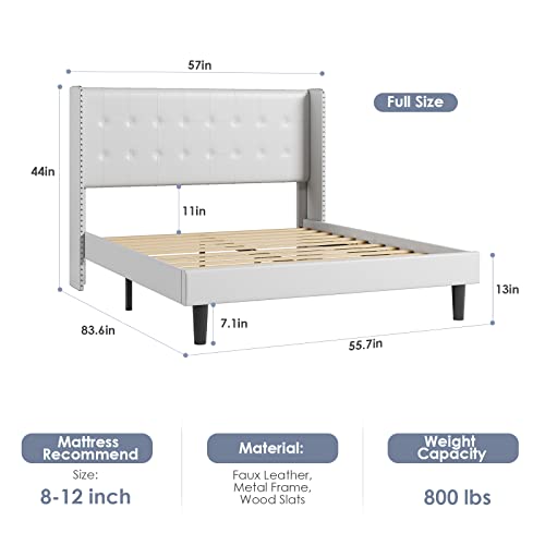 Hostack Full Size Bed Frame, Faux Leather Platform Bed With Wingback Headboard, Upholstered Bed Frames With Nailhead Trim, Modern Mattress Foundation, Wood Slat Support, No Box Spring Needed, White #TOP1
