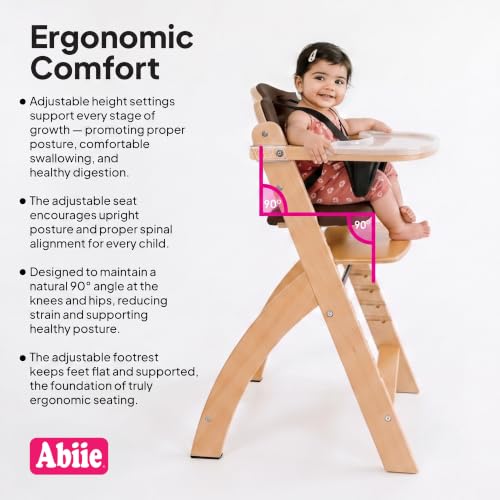 Image of Abiie Beyond Junior Wooden High Chair with Tray - Adjustable and Convertible High Chair for Babies and Toddlers - 6 Months to 250 Lb - Water Resistant - Natural Wood with Shiitake Cushion