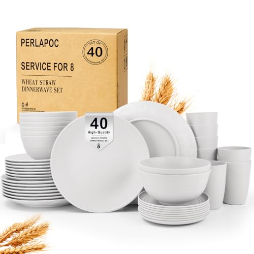 Image of 40 PCS Wheat Straw Dinnerware Sets, Service for 8 - Dinner Plates, Cereal Bowls, Drinking Glasses, Unbreakable Plastic Plates and Bowls Sets, Dishwasher and Microwave Safe for Kitchen - White