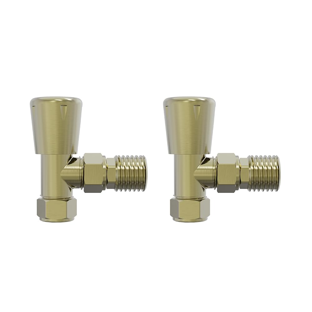 NRG Modern Radiator Valve Manual Angled Brushed Brass Central Heating Taps One Pair