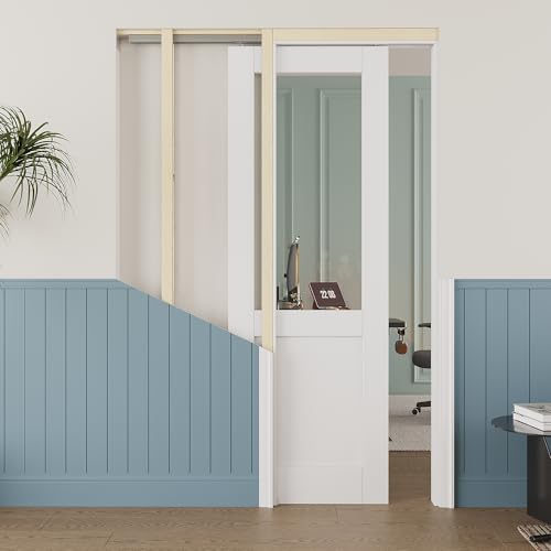 Image of 18 inch x 80 inch Half Clear Glass Pocket Door, Soft-Close Sliding Pocket Door with Frame & Hardware Kit Set, Primed All-Inclusive Interior Door Slab for Home, White, Need to Assemble