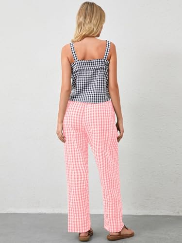 Image of YKR Plaid Pants for Women Gingham Lounge Wide Leg Low Waist Pajama Pants Elastic Waist Trousers with Pocket