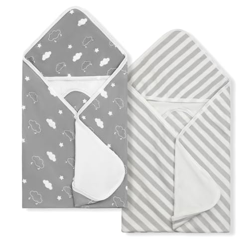 Image of BabyAlly Baby Towels 2 Pack,Hooded Baby Towels Set,Baby Infant Bath Towels with Hood,Soft and Absorbent Nursery Towel,Large 28x28 Inch, Newborn Essential(Gray Clouds + Stripes)
