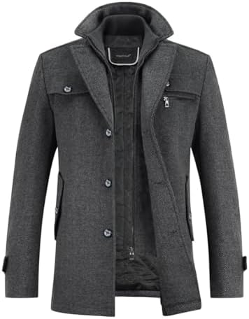 YOUTHUP Herren Wollmantel Dick Winter Regular Fit Kurzmantel Übergang | Abnehmbarer Innenkragen, Reißverschluss Knöpfe, Solid, Warm, Trenchcoat, Wintermantel, Freizeit, Business