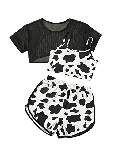 Cozyease Girls' 3 Pieces Outfits Animal Print High Low Contrast Binding Hem Top With Cow Print Cami Top And Shorts Black And White 9Y #TOP20