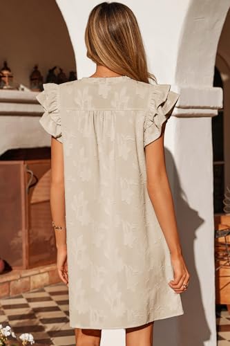 Dokotoo Spring Dresses for Women 2026 Ruffle Cap Short Sleeve V Neck Smocked Summer Casual Loose Floral Burnout Mini Dress Swing A-Line Sun Dress Beach Party Holiday Boho Sundress Apricot Medium - Thumbnail 2
