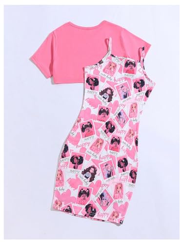 Image of SHENHE Girl's 2 Piece Outfit Crewneck Short Sleeve Crop Tee Tops and Heart Print Cami Dress Set Hot Pink 10Y