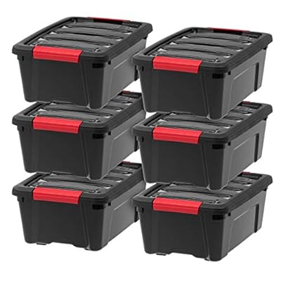 IRIS USA 12 Quart Hard Plastic Stack and Pull Closet Black Storage Box with Built In Handles, 6 Pack