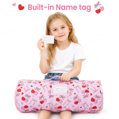 Image of Viviland Toddler Nap Mat with Pillow and Minky Dot Blanket, Cherry Bows