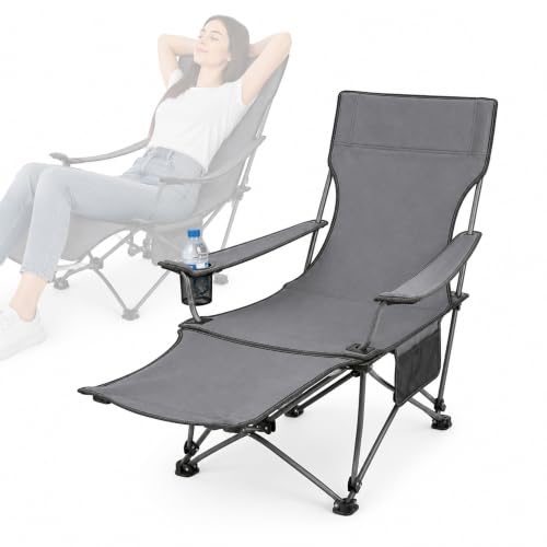 Image of EYUVAA LABEL Folding Reclining Camping Chair with Footrest, Portable Outdoor Lounge Chair with Cup Holder & Side Pocket, Heavy Duty Steel Frame, Foldable Fishing Beach Garden Chair (Multicolour)