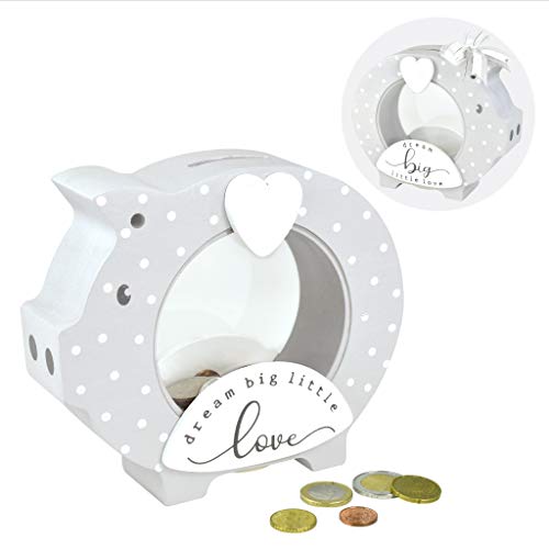 I’m Solid Wood Piggy Bank Coin Bank Savings Money Bank, Adorable Gifts for Baby Birthday Boys Girls Kids Child to Cherish Baby Shower, Keepsakes & Nursery Décor (Polka Dot Grey)