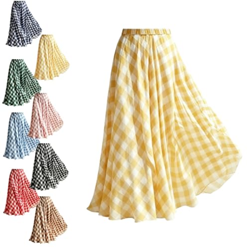 2026 Boho Skirts for Women Plaid Maxi High Waist A-Line Loose Fit a Line Flowy Long Skirt for Beach Vacation (Yellow,S) [���s�A���i]