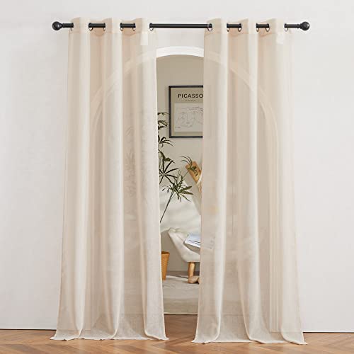 NICETOWN Semi Sheer Beige Curtains 84 inches Long, Grommet Linen Weave Vertical Drapes Semi Sheer Privacy with Light Filtering for Living Room/Bedroom